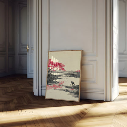 Różowy Plakat z Żurawiem w Kwiatach