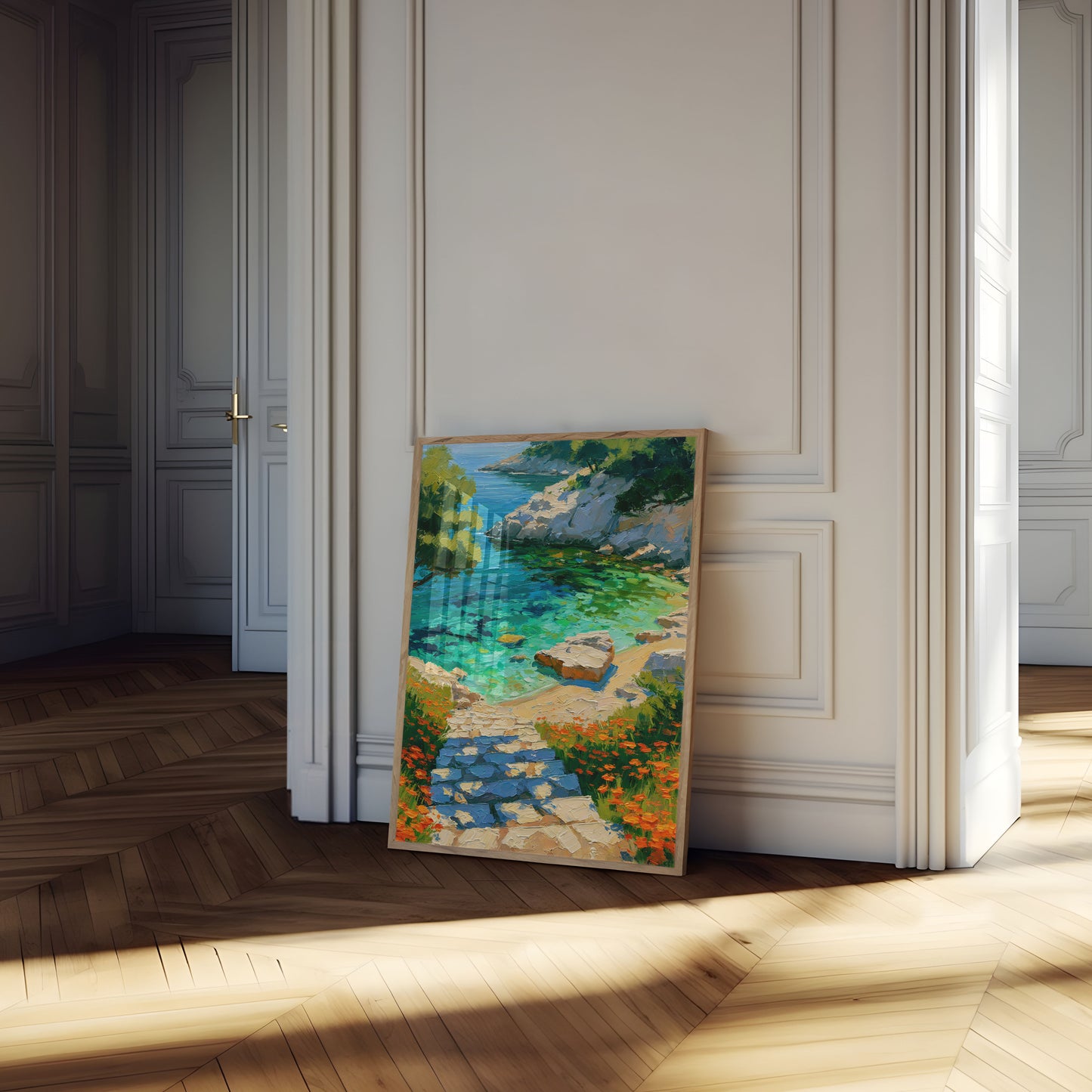 Wandbild Küstenbucht mit Wildblumen
