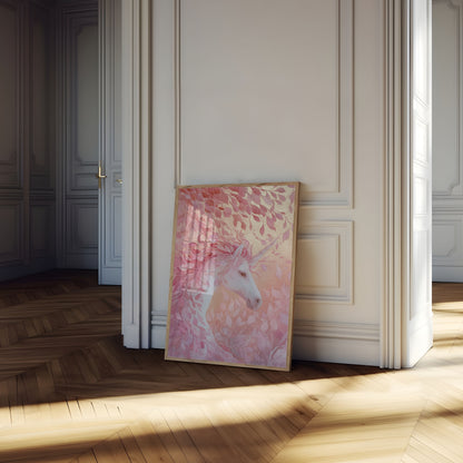Pink Unicorn Among Leaves Poster