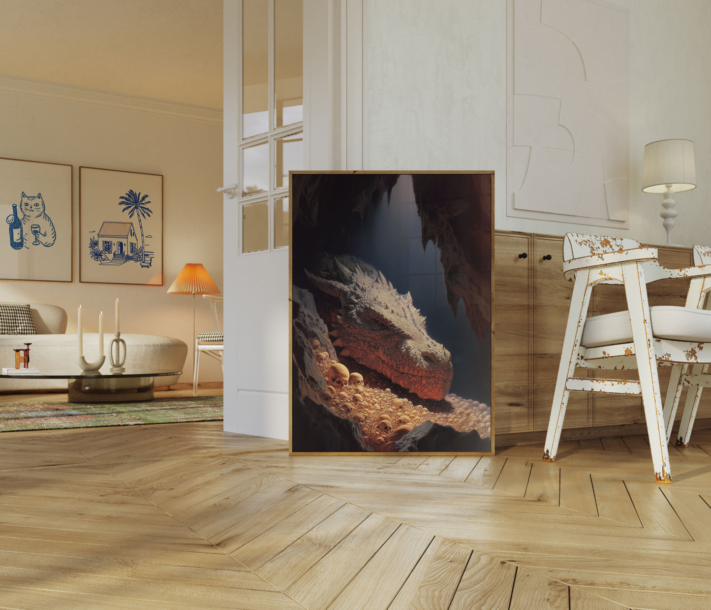 Dragon in Cave with Skulls Poster