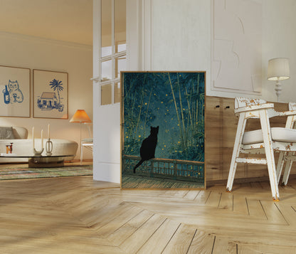 Cat Watching Fireflies at Night Poster