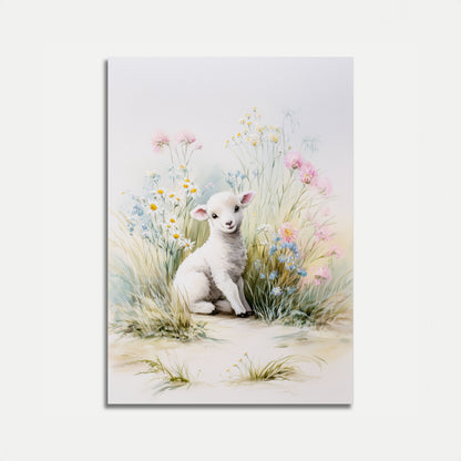 Innocent Lamb in Flower Meadow Poster