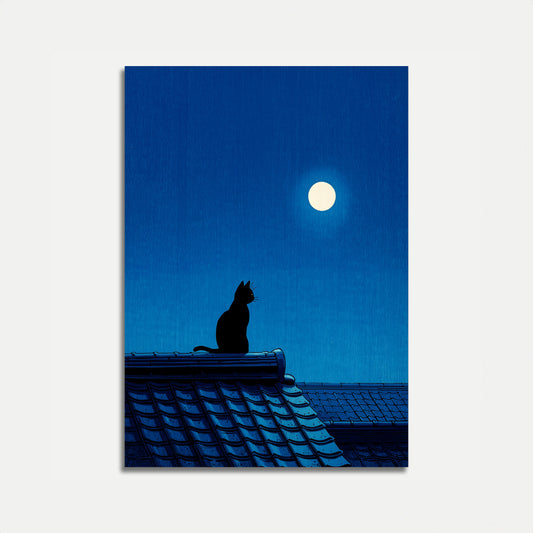 Plakat Kot w Świetle Księżyca na Dachu