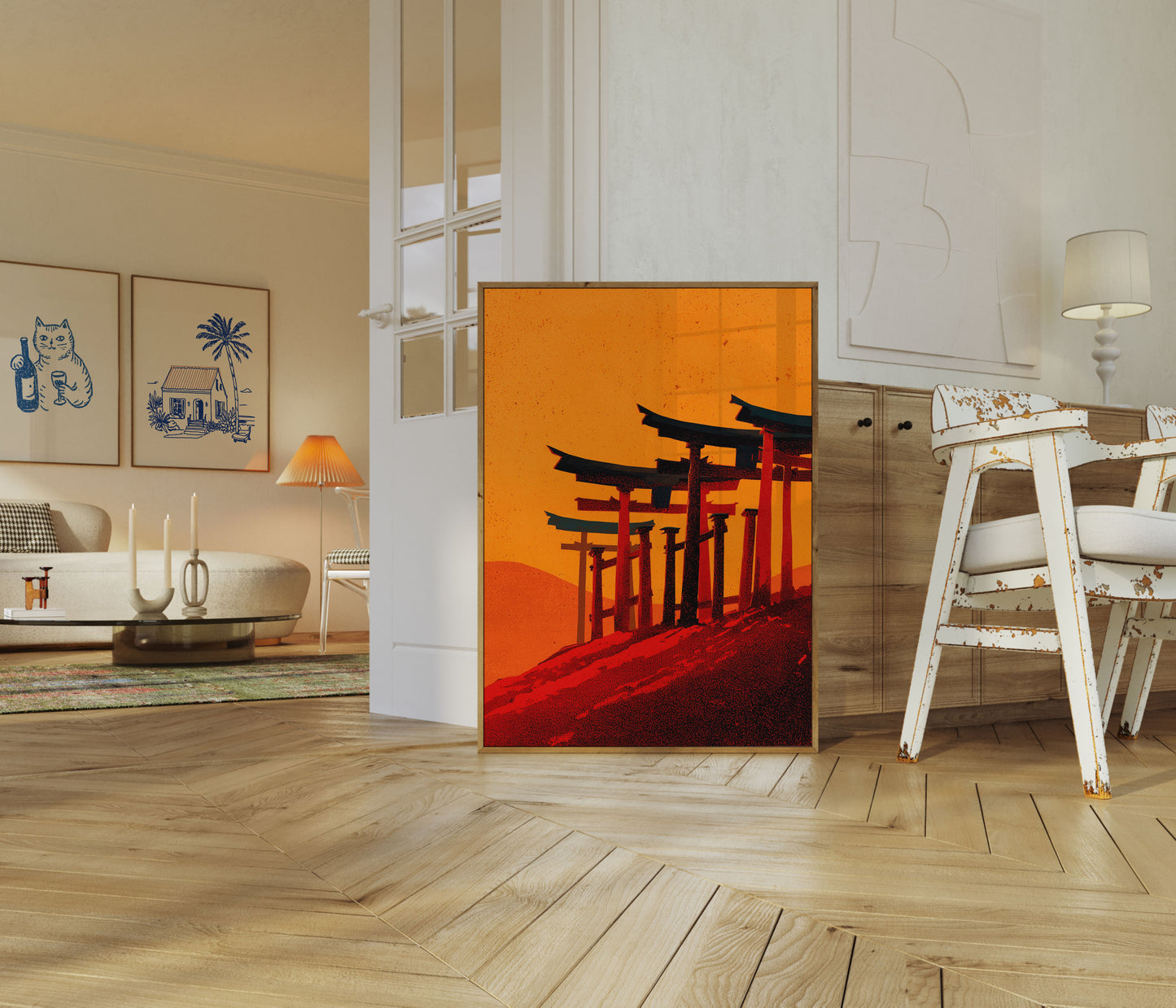 Cartel de Puertas Torii Sagradas al Atardecer