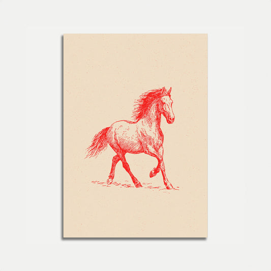 Dravend paard in rode poster