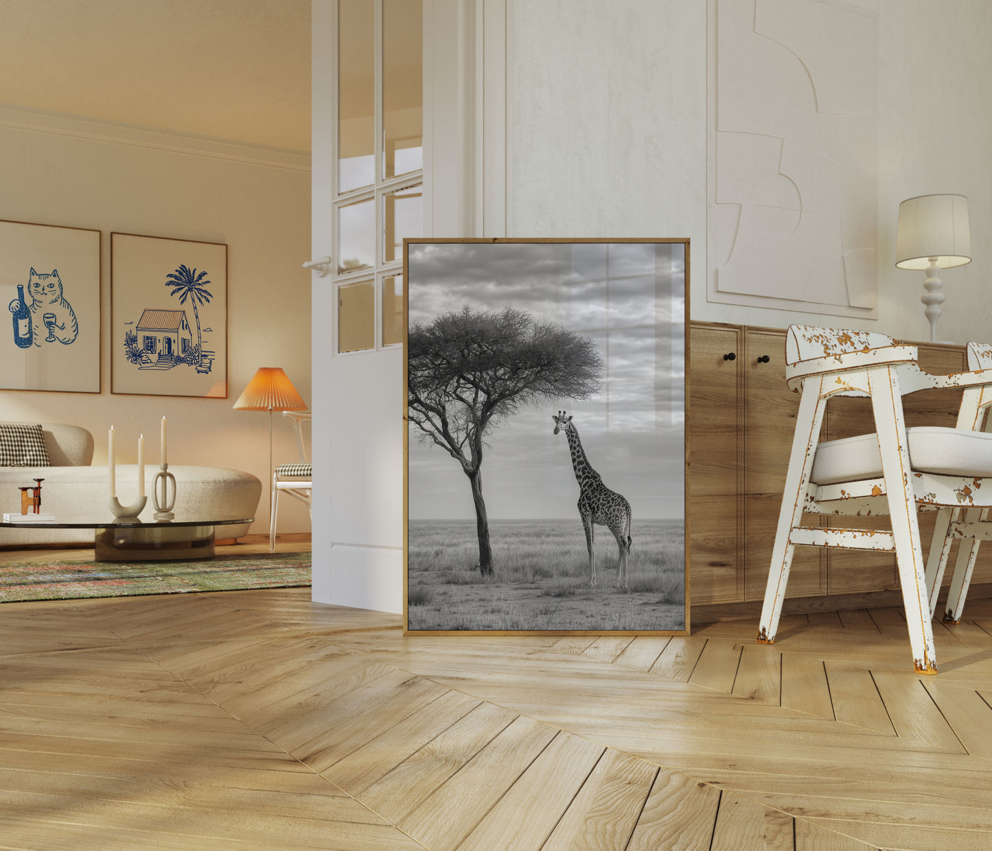 Póster de paisaje africano con jirafa solitaria