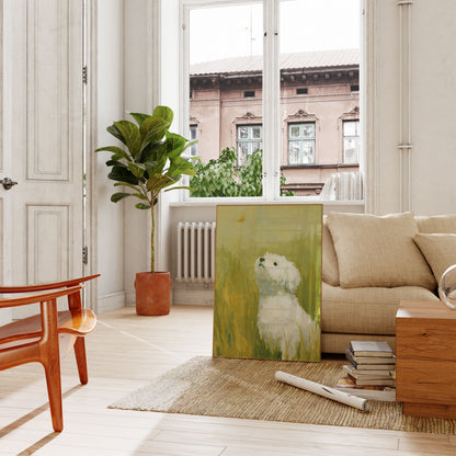 Hvit hund i eng-plakat
