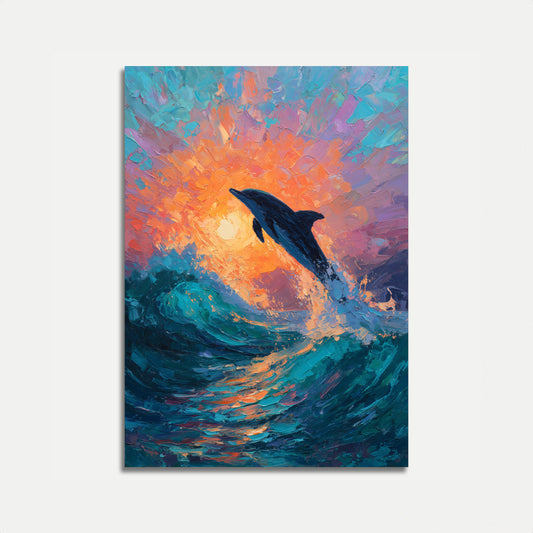 Plakat Delfin Przeskakujący o Zachodzie Słońca