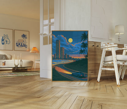 Neon Sunset Beach Drive Poster