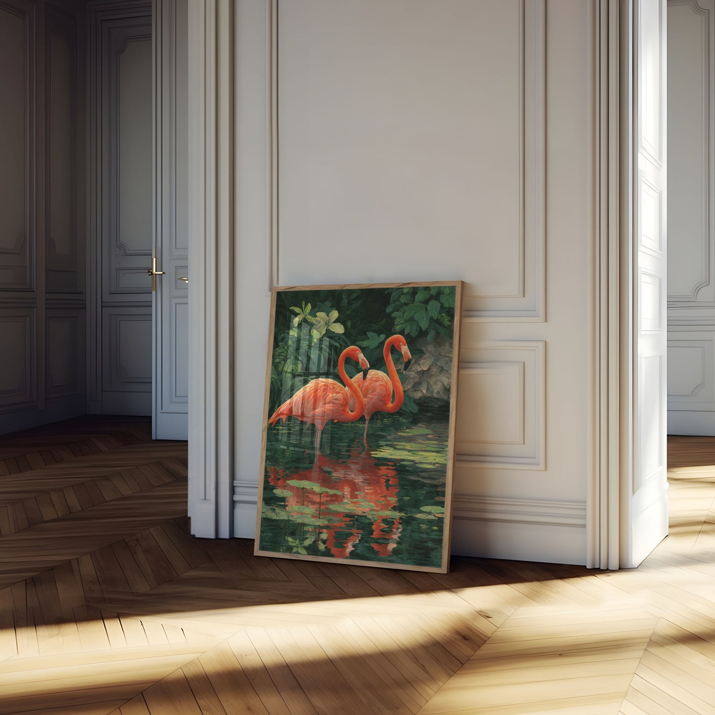 Rode Flamingo's in Weerspiegeling Poster