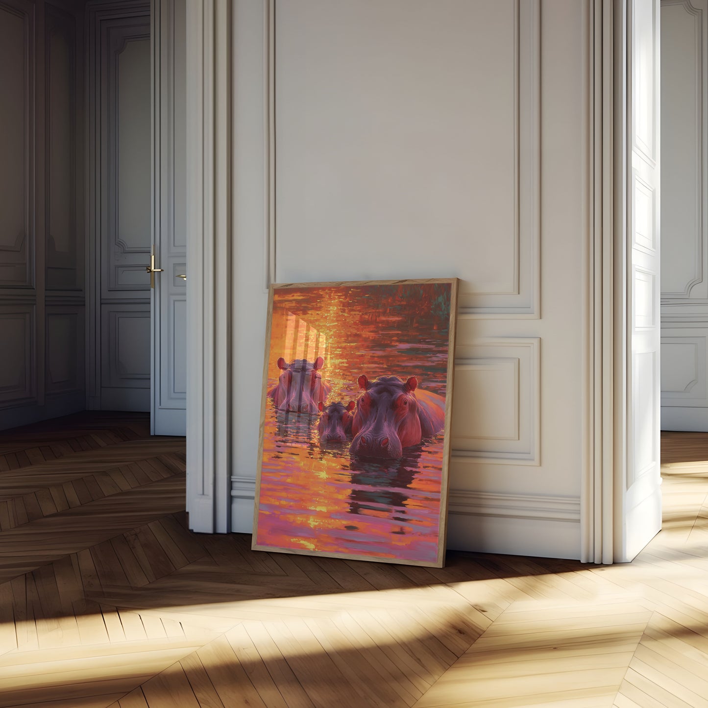 Hippos in Golden Sunset Poster