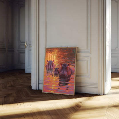 Hippos in Golden Sunset Poster