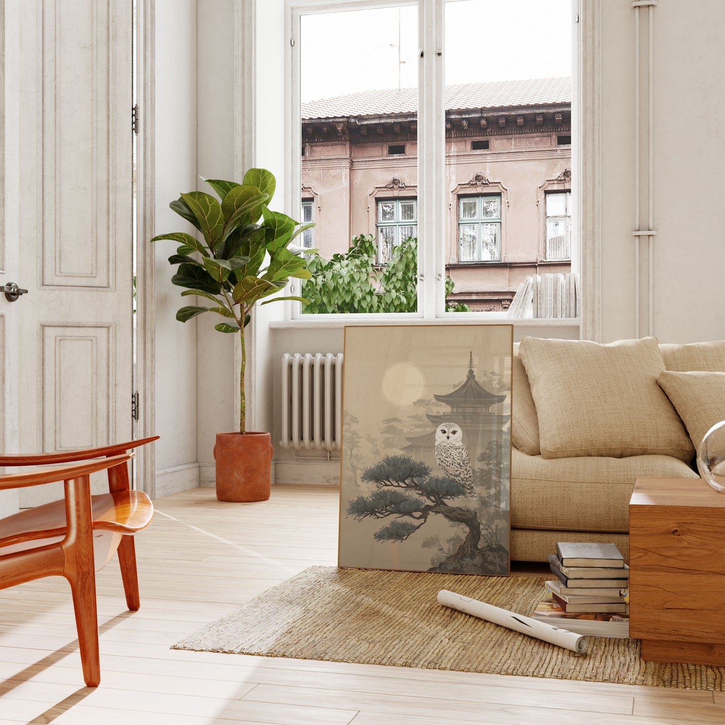 Affiche du Hibou des Neiges dans un Jardin Japonais