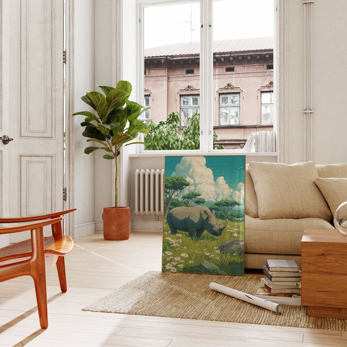 Póster de la tranquila pradera de rinocerontes