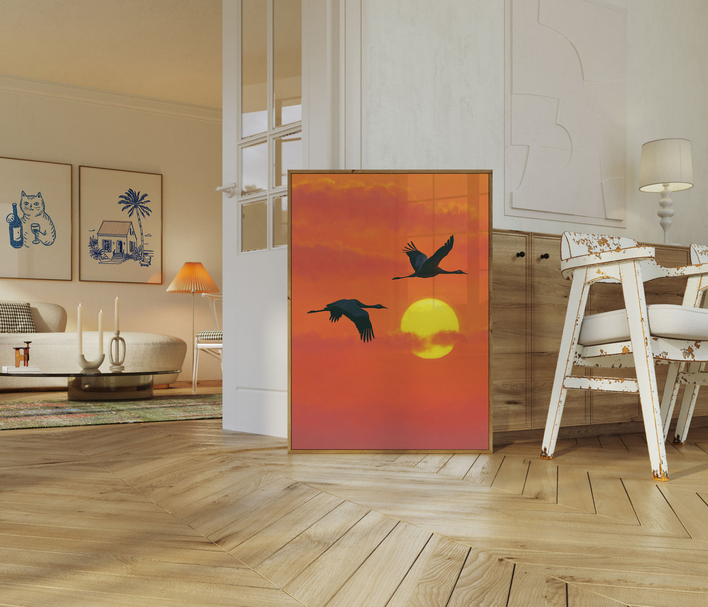 Affiches : Grues Volant Au Coucher Du Soleil