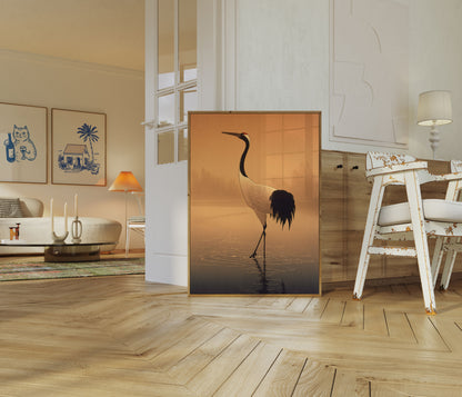 Elegant Crane Wading at Sunset Poster