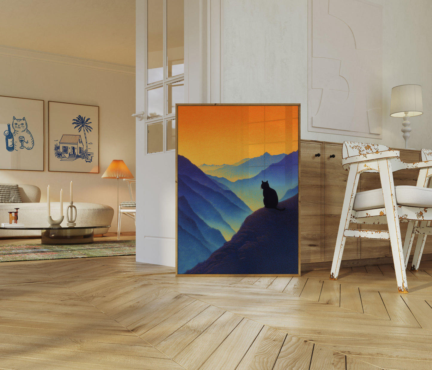 Pôster de Gato Observando o Pôr do Sol na Montanha