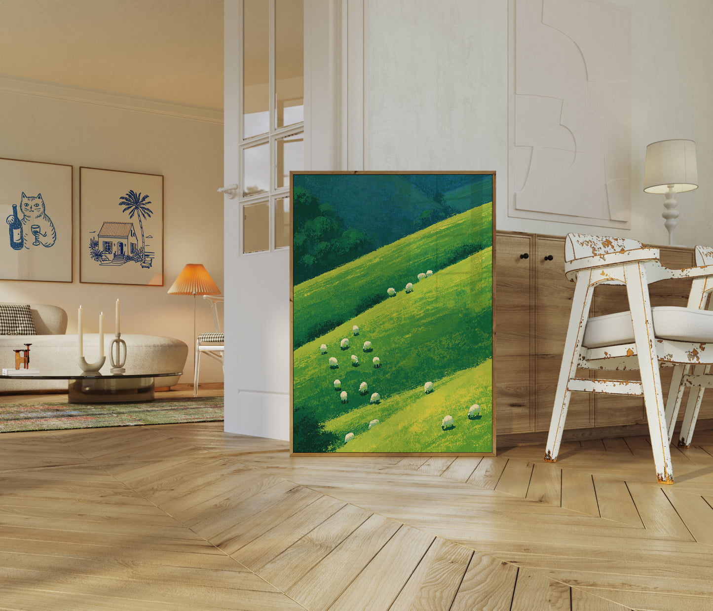 Schaf auf sanften grünen Hügeln Poster
