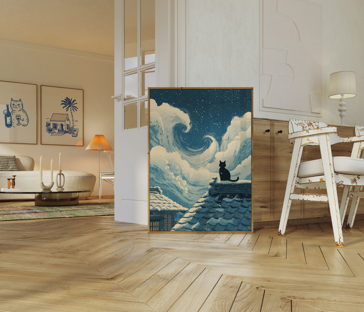 Affiche Chat Noir Sous des Nuages Étoilés