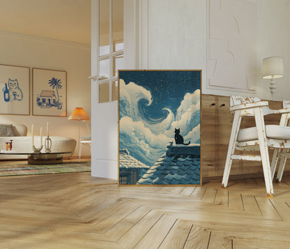 Affiche Chat Noir Sous des Nuages Étoilés