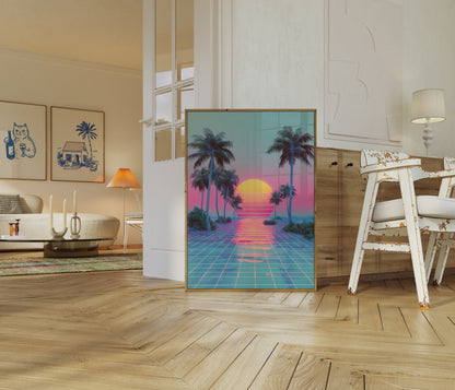 Retro Sunset Palm Landscape Poster