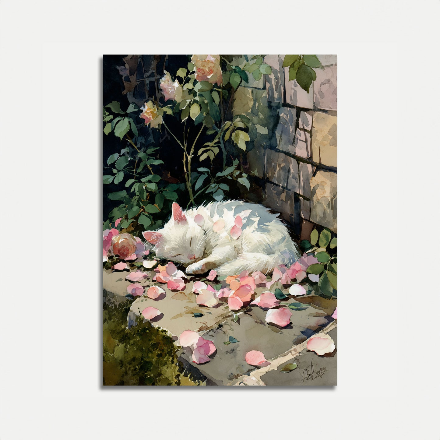 White Cat in Rose Garden Poster