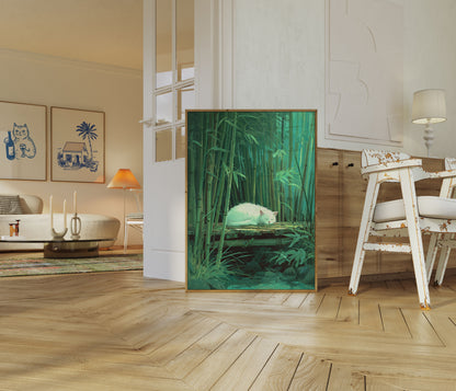 White Cat in Bamboo Forest Poster