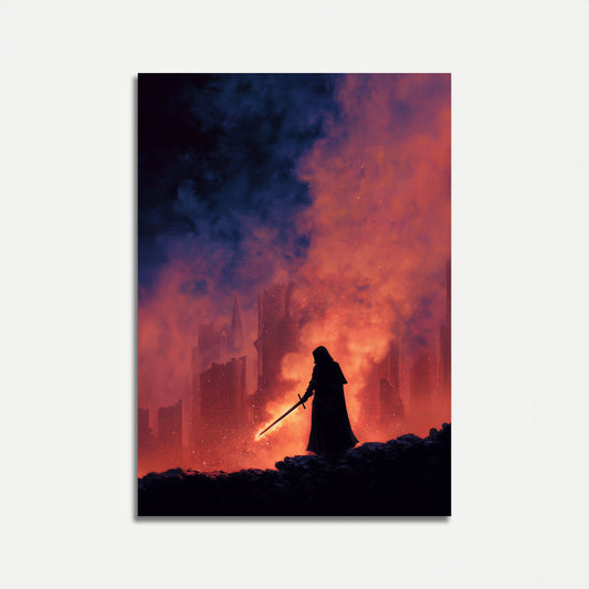 Warrior Standing Over Burning City Poster