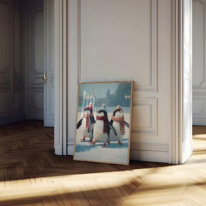 Póster de invierno de los pingüinos patinadores