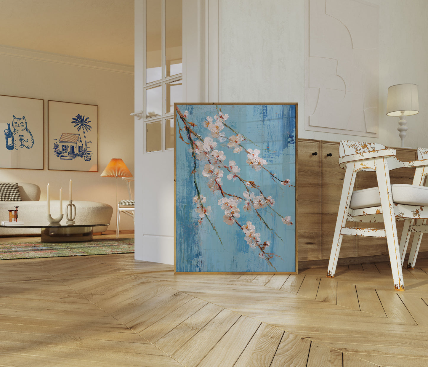 White Blossoms on Blue Poster