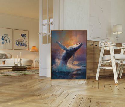 Breaching Whale Golden Sunset Poster