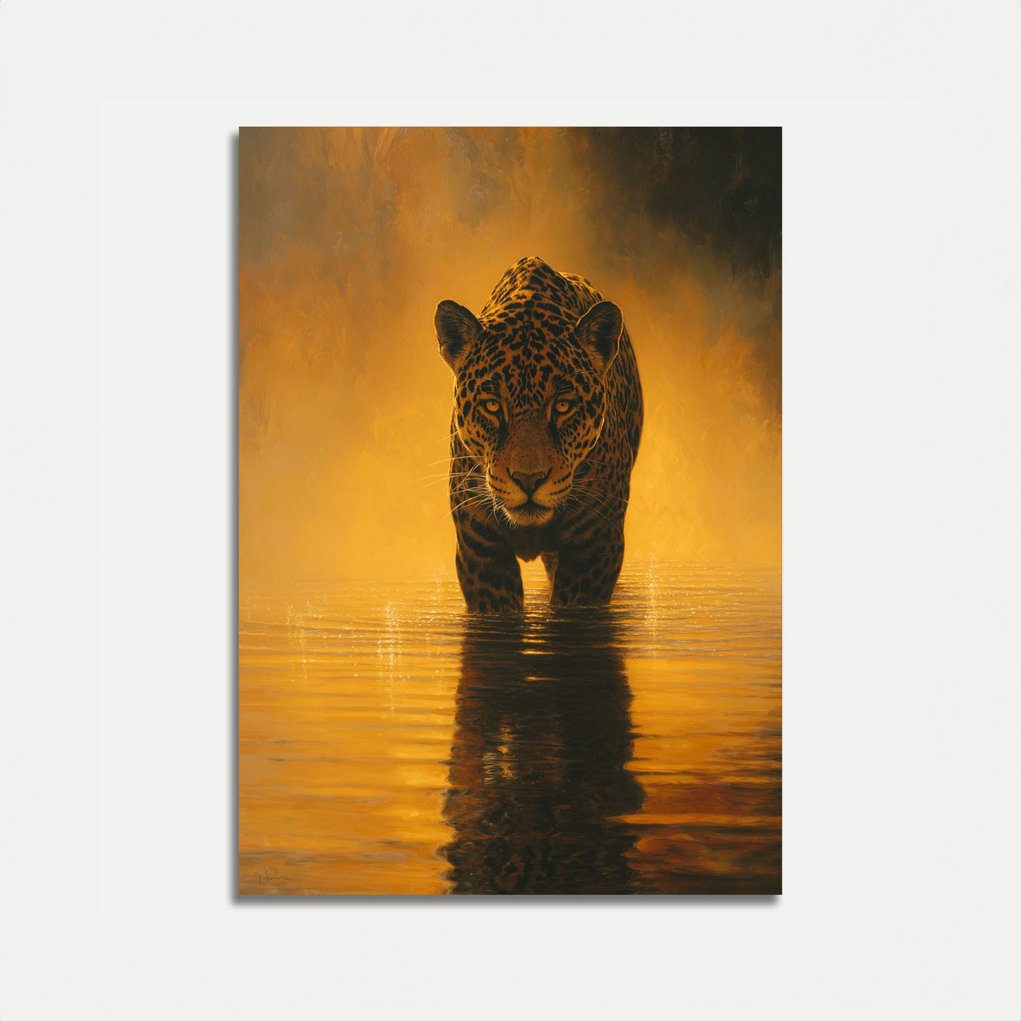 Affiche Jaguar Marchant dans l'Eau Dorée