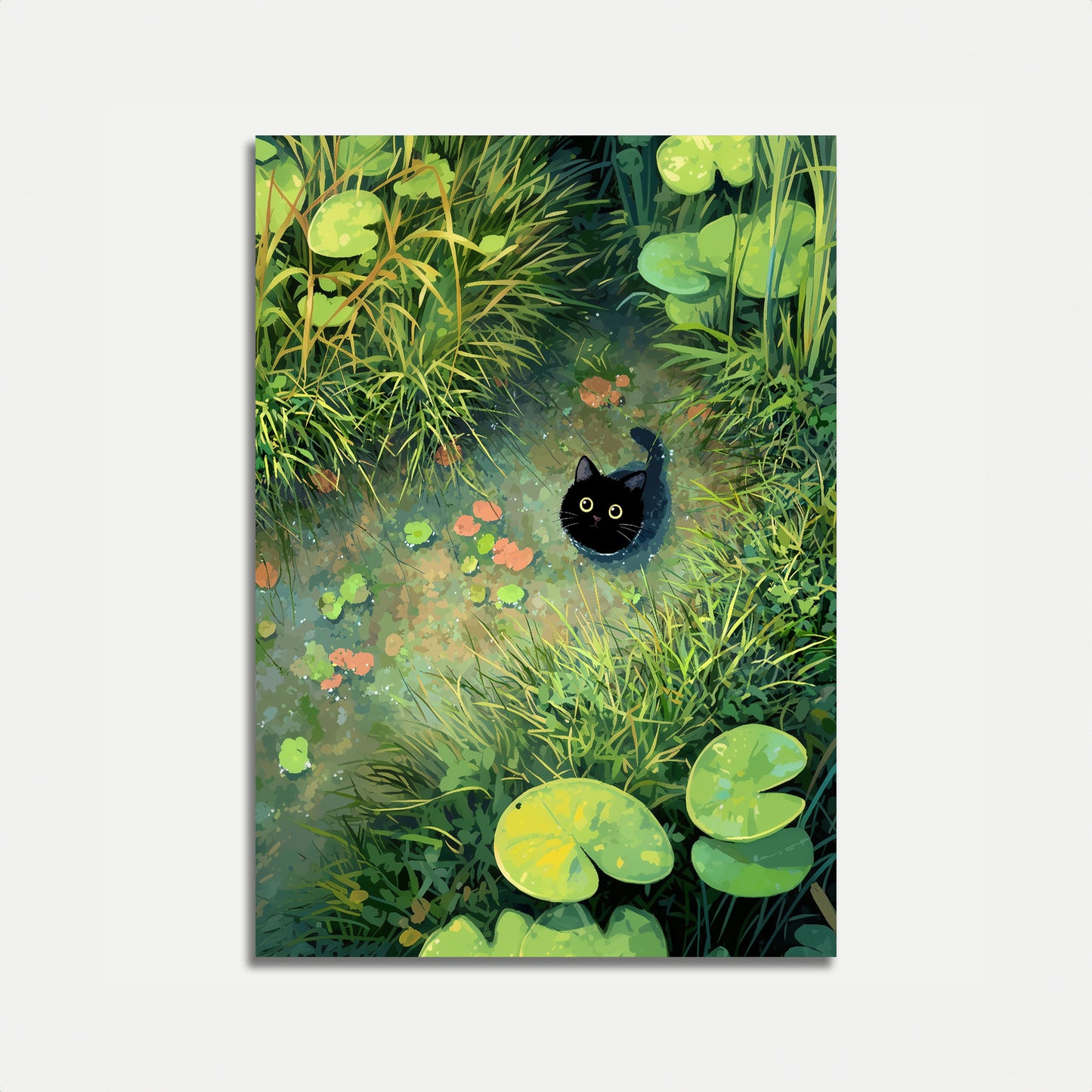 Black Cat in Lily Pond Poster