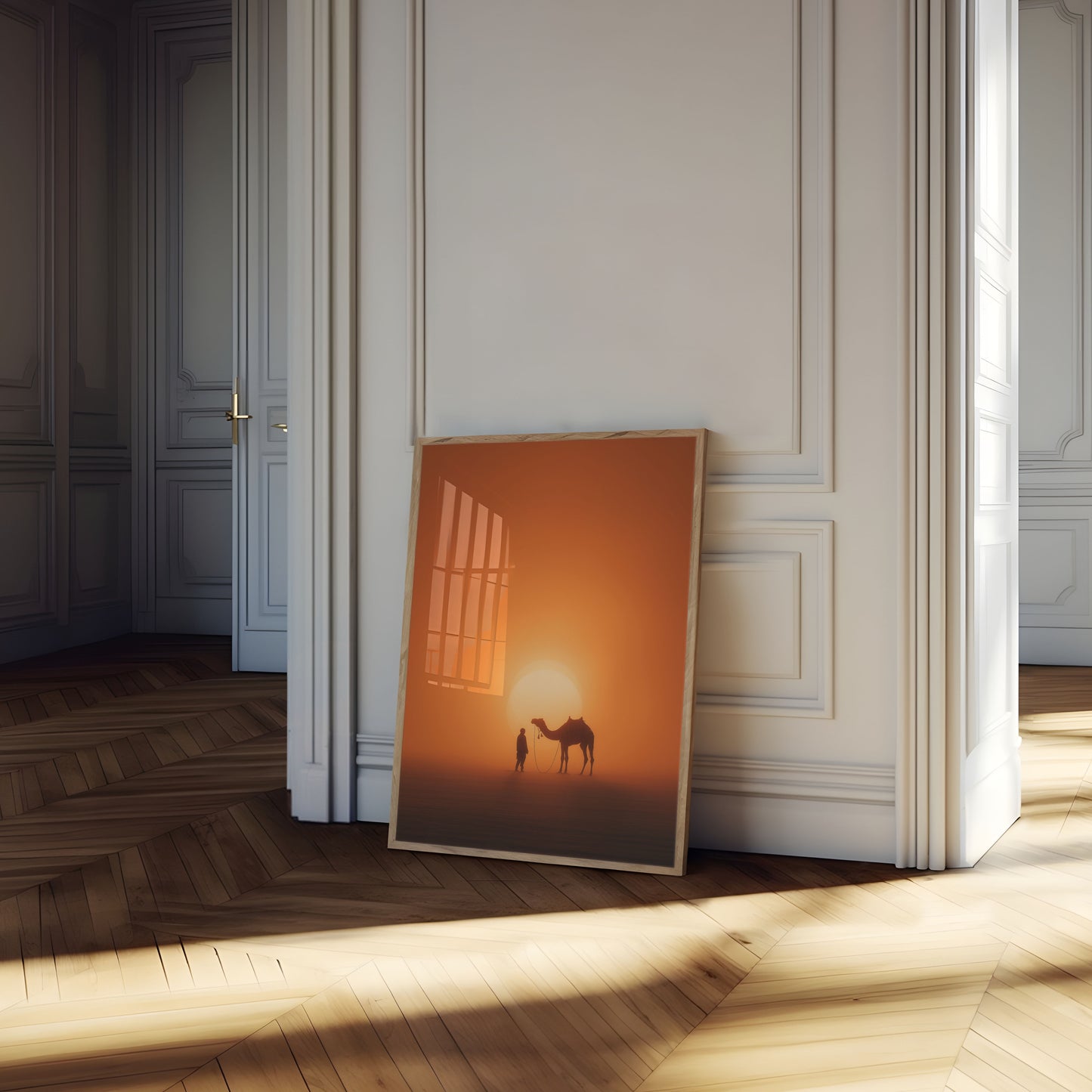 Plakát s siluetou velblouda při západu slunce v poušti