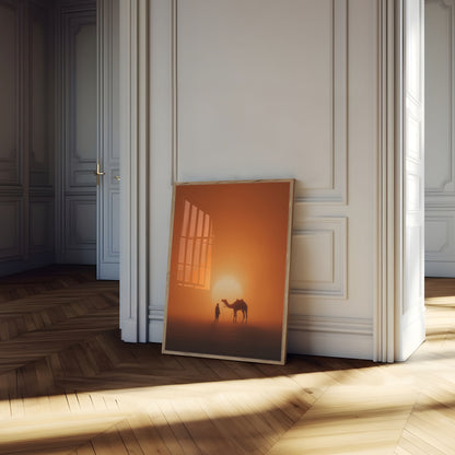 Plakát s siluetou velblouda při západu slunce v poušti