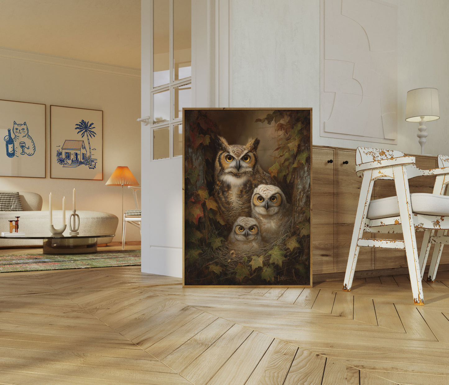 Owl Family in Autumn Forest Poster