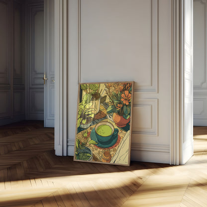 Póster botánico de matcha sereno