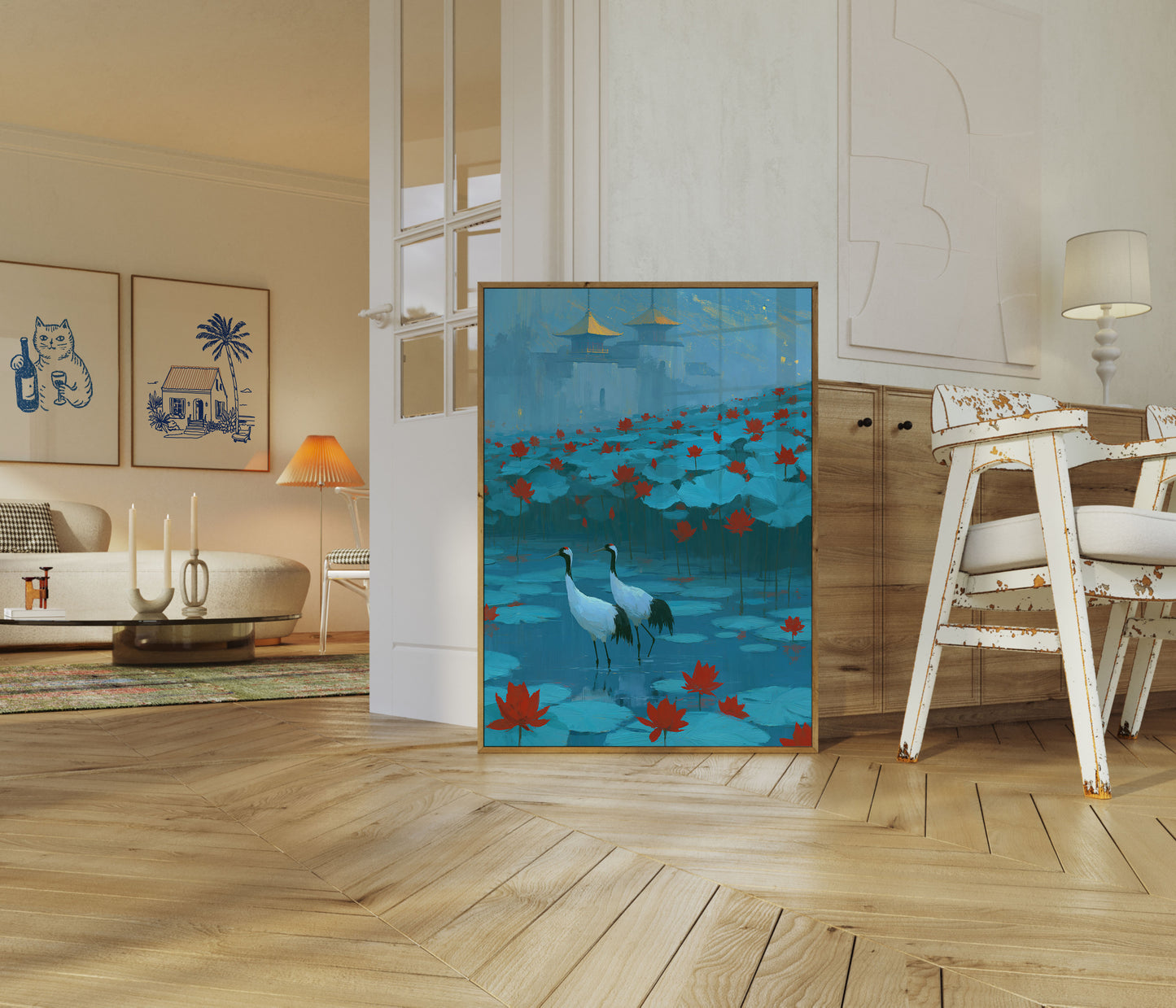 Cranes Among Red Lotus Poster