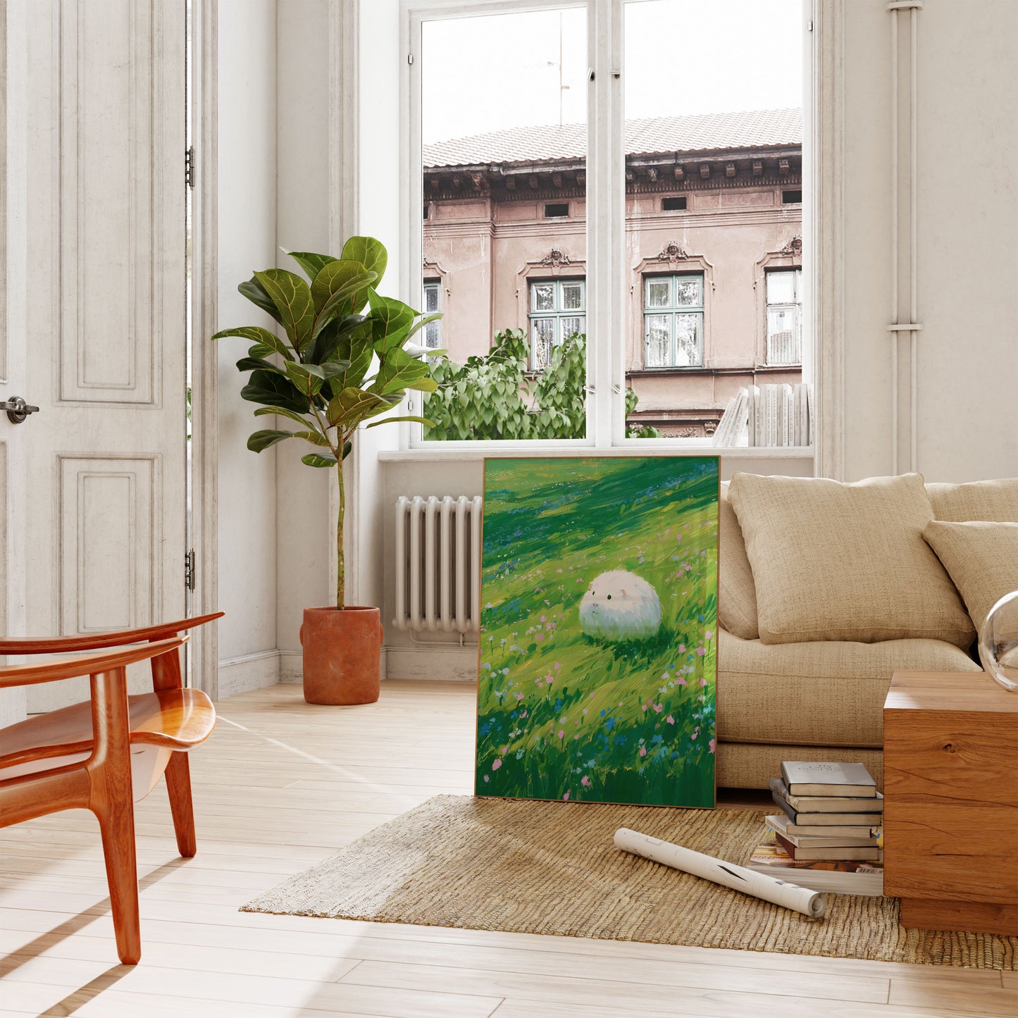 Plakat: Świnka morska na łące z dzikimi kwiatami