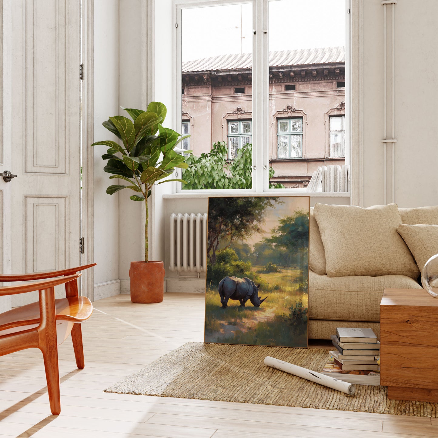 Serene Rhino in Sunlit Meadow Poster