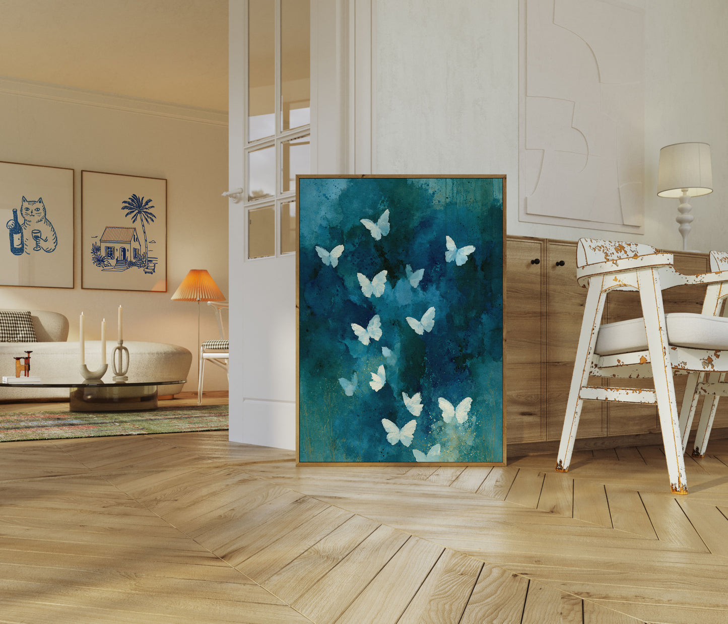 Weiße Schmetterlinge auf blauem Poster