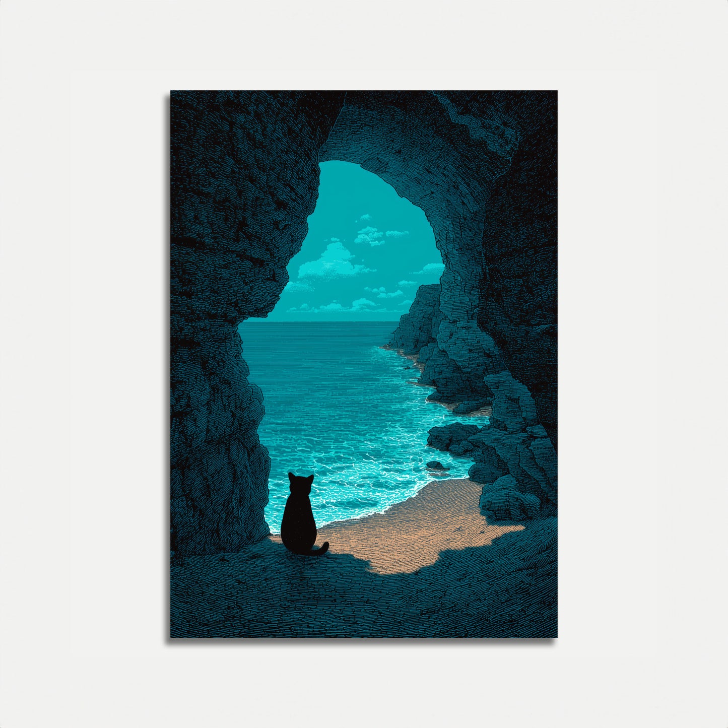 Cat Gazing at Turquoise Ocean Poster