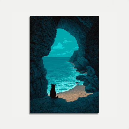 Cat Gazing at Turquoise Ocean Poster