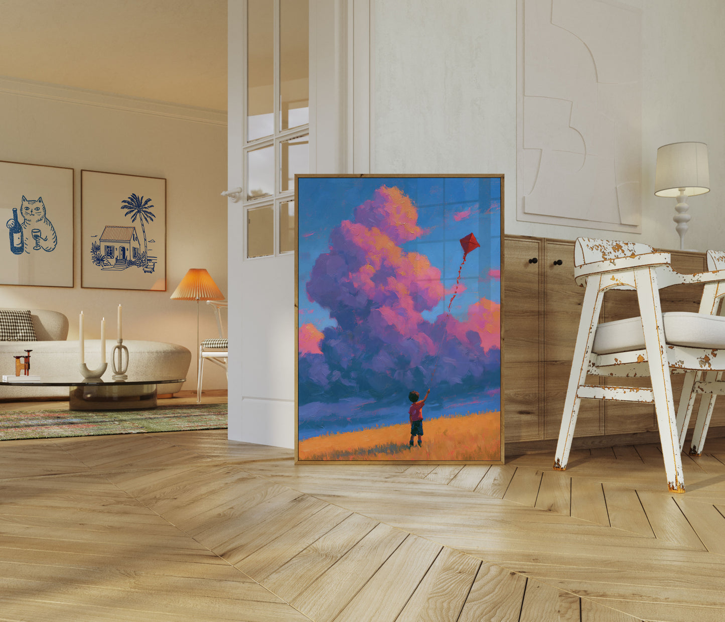Kind mit rotem Lenkdrachen Poster