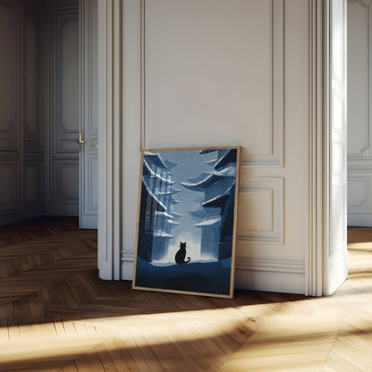 Kat i Snøfuld Asiatisk Landsby Plakat