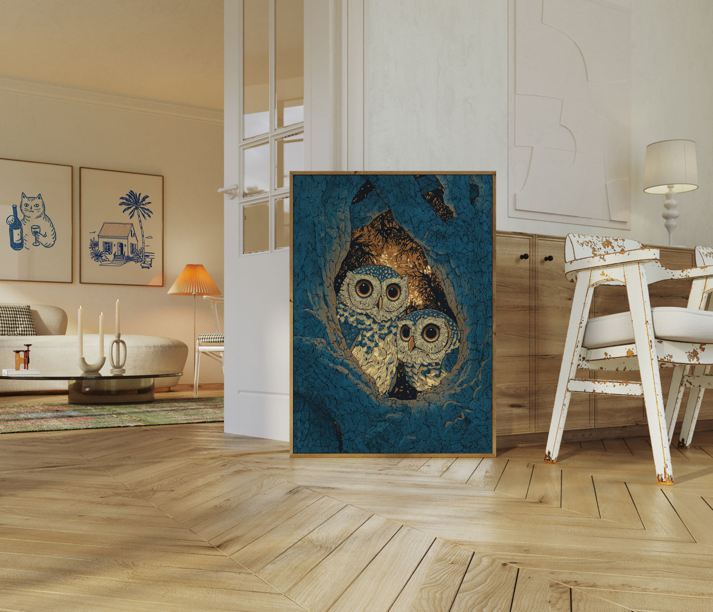 Owls in Hollow Tree Poster
