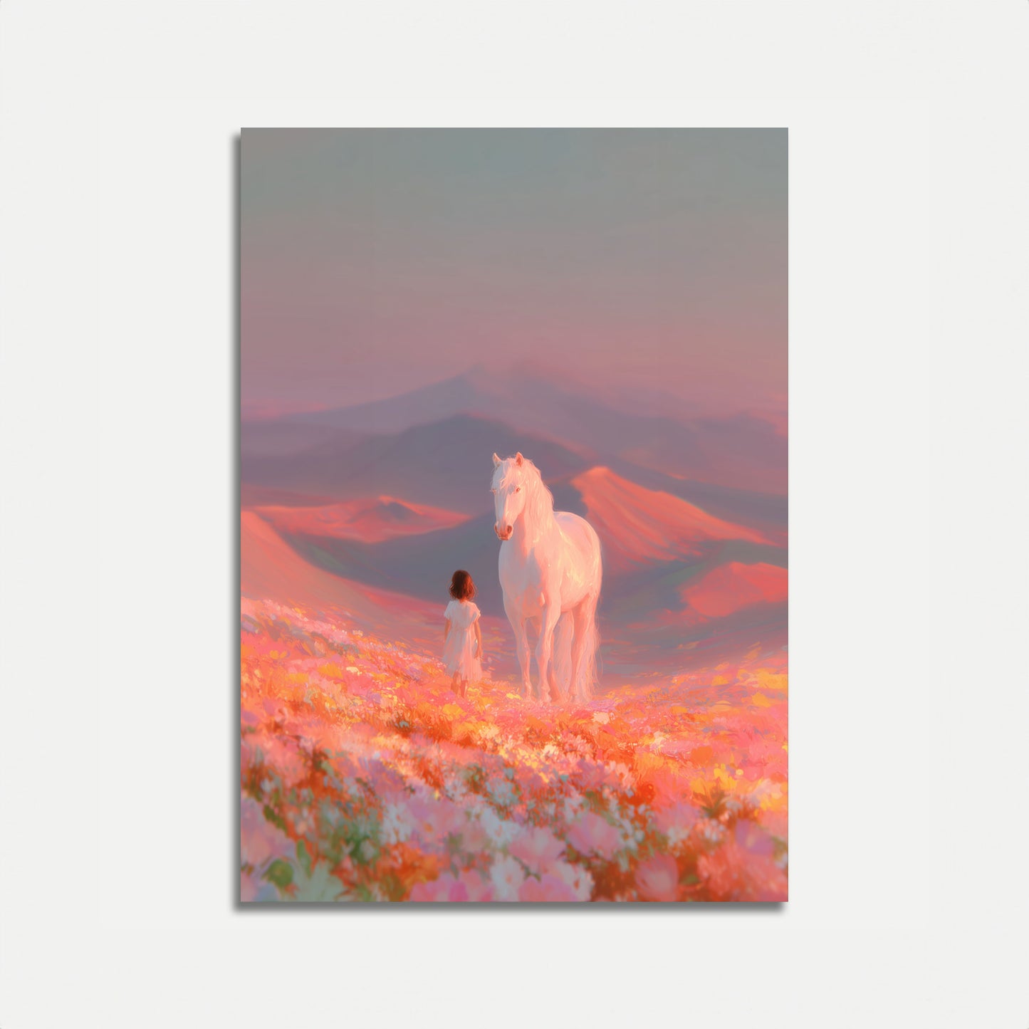 Mädchen und weißes Pferd Sonnenuntergang Poster