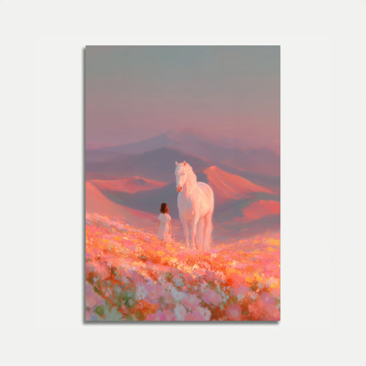 Pige og Hvid Hest Solnedgang Plakat