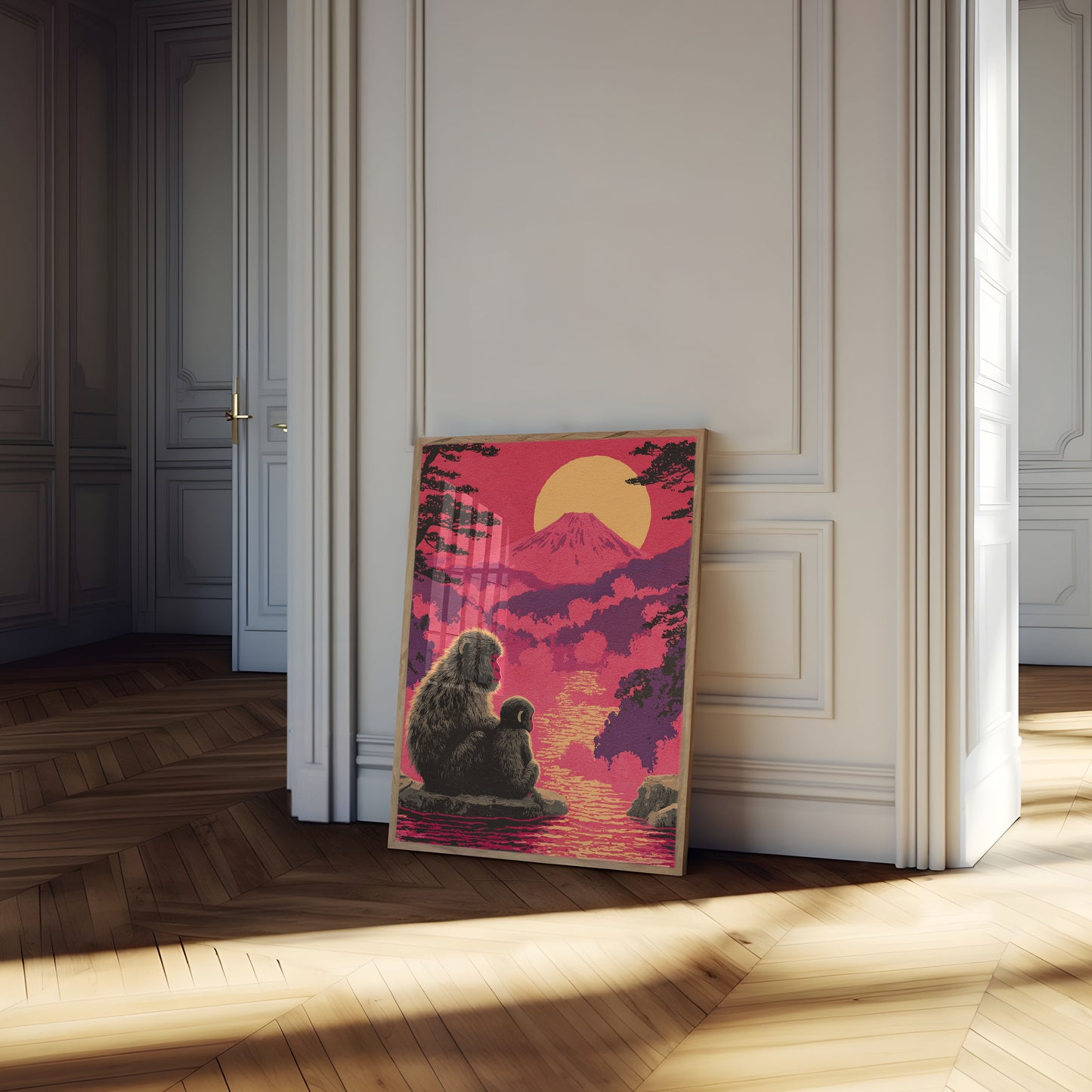 Affiche Coucher de Soleil Singe et Mont Fuji