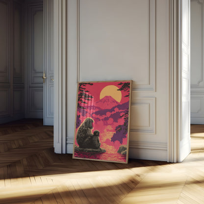Affiche Coucher de Soleil Singe et Mont Fuji